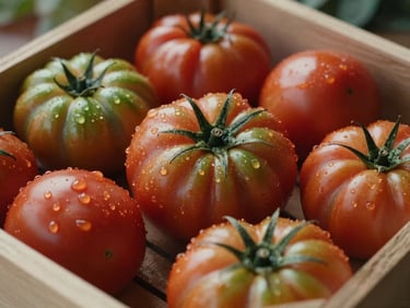 Close-up of fresh heirloom tomatoes in a wooden crate, water droplets visible, soft morning daylight, rich red and green tones, Scandinavian market styling.