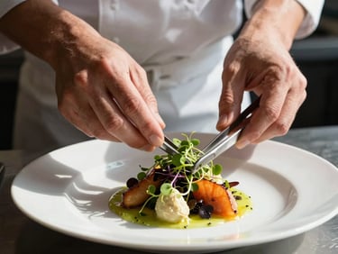A professional chef at the pass plating a vibrant seasonal dish, hands carefully positioning microgreens with tweezers, soft morning daylight, moody shadows