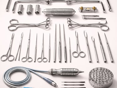 Neurosurgery instruments including forceps, scissors, and retractors on a white background.