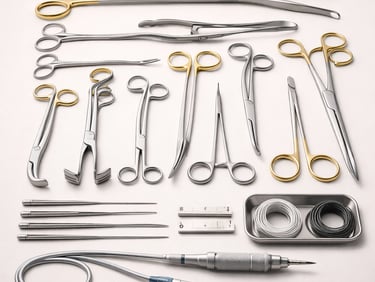Cardiovascular instruments like clamps, forceps, and scissors on a white background.