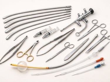 Urology instruments including catheters, forceps, and endoscopic tools on a white background.