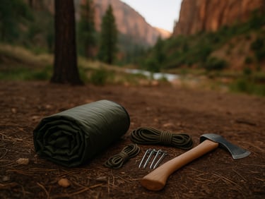 Survival tools and sleeping gear rolled out at forest campsite