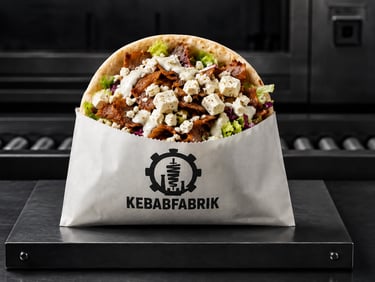 Beef kebab sandwich in pita bread with feta cheese and white sauce from Kebabfabrik.