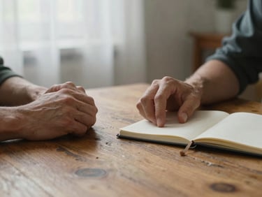 Close-up of two hands resting on a worn oak table in quiet conversation, a small open notebook nearby, diffused Nordic daylight through sheer curtains, no faces visible, intimate and private