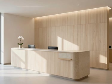 Minimal Scandinavian-designed private clinic reception, pale birch panelling, a single orchid on a stone counter, soft diffused northern daylight, empty and immaculate, no clinical equipment visible