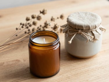 Close-up of artisanal gift items on a wooden surface — hand-poured candle in amber glass, a small ceramic jar sealed with linen twine, and dried botanical stems, soft diffused daylight, warm neutral tones
