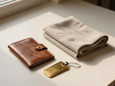Neatly arranged travel essentials on a pale cream surface — a slim leather passport holder, a folded cashmere travel wrap, and a polished brass luggage tag, golden-hour window light, minimal negative space