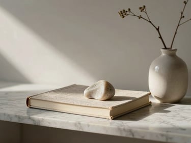 Lifestyle objects arranged on a marble shelf — a linen-covered journal, a small sculptural object in pale stone, and a single stem in a slender ceramic vase, diffused morning light from the left, quiet and composed