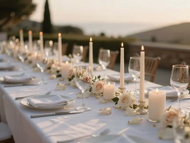 Close-up of a meticulously set outdoor wedding table at golden hour, white linen, tall tapered candles, scattered rose petals, soft Aegean light, no guests visible, intimate and still