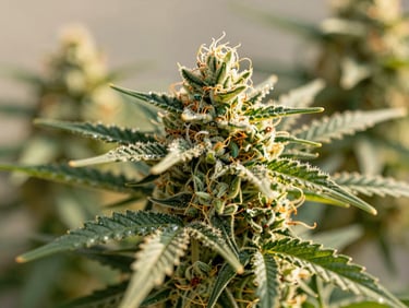 Macro detail shot of intact glistening trichomes on a fresh light green cannabis flower, natural outdoor golden hour lighting