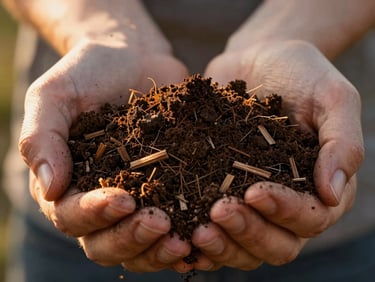 Macro shot of rich, dark compost held in hands, golden hour sunlight highlighting organic soil texture and wood fragments.