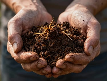 Macro close-up of dark, rich organic compost being held gently in weathered hands, golden sunlight illuminating the soil texture and small roots.