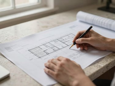 Close-up of hands reviewing architectural blueprints and market reports on a limestone desk, soft natural light.