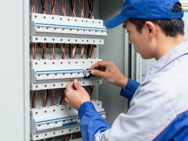 Bright, high-contrast photograph of a professional electrician in clean branded gear neatly organizing copper wiring inside a modern breaker panel, sharp focus, 35mm lens.
