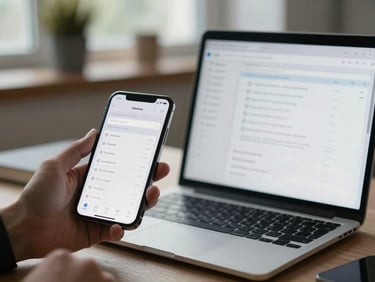 Mobile app and web dashboard displayed simultaneously on a phone and laptop on a desk, field data entry form visible, cool natural office light, hands in frame