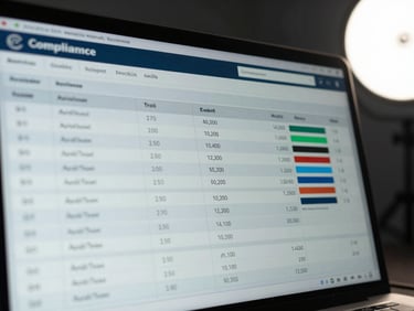 Compliance dashboard showing audit trail log entries and automated report generation progress bar, screen close-up under cool studio strobe, no people