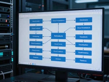 Cloud infrastructure topology diagram on a monitor in a server room, multiple tenant environment nodes visible, cool blue-tinted ambient light, no people