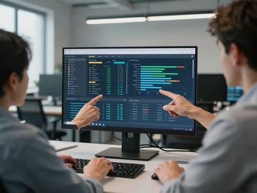 Wide shot of an open-plan enterprise workspace, two engineers pointing at a large monitor displaying a multi-panel operational dashboard with compliance status indicators and pipeline charts, cool office lighting, natural light from window left, no faces fully visible, focus on the screen and gesturing hands