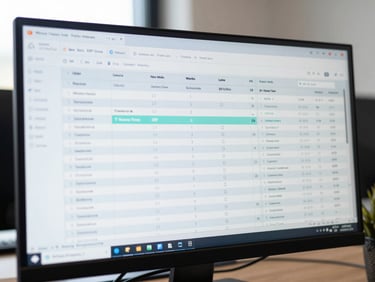 Tight crop of an ERP and CRM interface panel side-by-side on a monitor, order pipeline and customer record linked, cool natural office light, no people