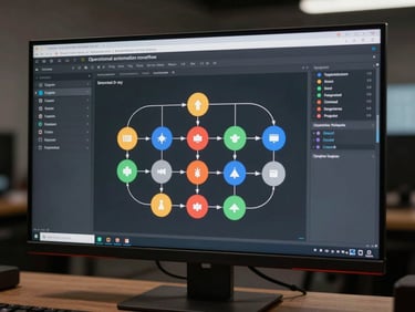 Operational automation workflow builder on a widescreen monitor, trigger-action chain diagram with live status indicators, cool studio lighting, no people