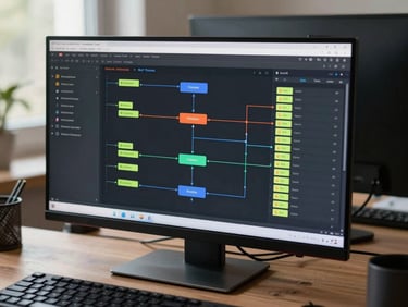 NLP pipeline visualization on a developer workstation screen, email triage queue with sentiment tags highlighted, cool natural light, keyboard and second monitor in background