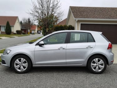 Side profile of a silver German hatchback with a dented rear quarter panel parked on a quiet suburban driveway, overcast day, realistic 35mm