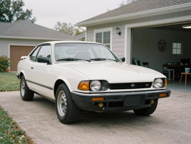Medium shot of a classic 1990s coupe with a disassembled front bumper in a clean home garage, soft natural light, documentary style