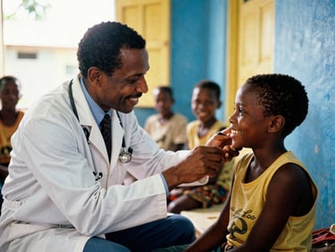 A friendly local Jamaican doctor checking a smiling child's reflexes in a brightly lit community center, warm golden light, authentic 35mm.