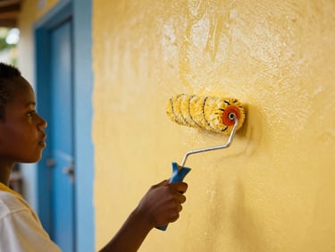 Close-up of a volunteer painting a classroom wall in bright yellow, focus on hands and paint roller, warm Jamaican sunlight, editorial photography.