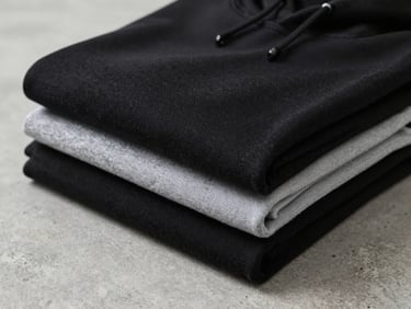 Neatly folded stack of heavy-weight black and grey custom hoodies on a clean concrete surface, soft studio lighting, textile texture focus.