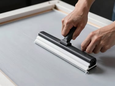 Hands pulling a squeegee with white ink across a silk screen frame, action shot, high contrast