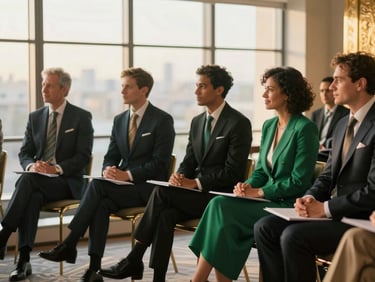 Impeccably dressed diverse professionals engaging in a sophisticated global panel discussion, warm golden-hour window light, rich emerald and gold tones, shallow depth of field, 35mm