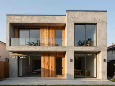 Straight-on architectural photography of a modern three-story concrete house with warm wooden accents, bright natural light, clean lines