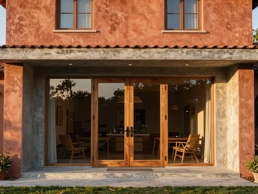 Boutique country house facade with warm terracotta and concrete textures, large glass doors opening to a garden, sunset light