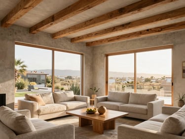 Bright interior living room of a custom home in Tacna, warm natural light flooding through large windows, clean concrete finishes and wooden beams, minimalist furniture, 35mm lens.