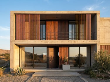 Straight-on architectural photography of a modern concrete and wood residential facade in Tacna, bright golden-hour sunlight casting sharp geometric shadows, clean minimalist lines, 35mm lens.