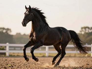 A majestic black Friesian stallion trotting in an arena, high-stepping gait, morning light, shallow depth of field.