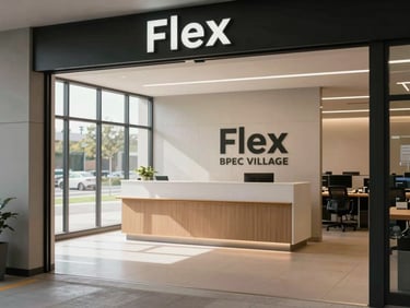 Flex commercial suite at BPEC Village, mixed-use configuration with a reception counter and rear workspace visible, daylight from a single wide window, clean neutral finishes, no occupants, shot from the entry threshold