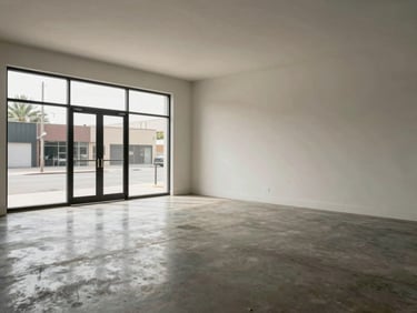 Daytime interior of a ground-floor retail unit at BPEC Village, empty and ready for occupancy, storefront glazing letting in natural light, polished concrete floor, neutral walls, shot wide from the back corner