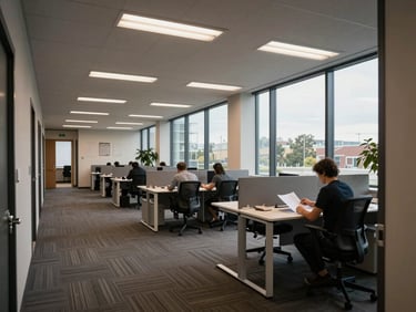 Mid-rise office suite interior at BPEC Village during business hours, open-plan layout with workstations, fluorescent and natural light from tall windows, tenant reviewing documents at a standing desk, shot from hallway entrance