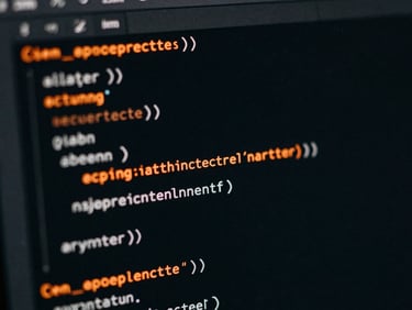 Close-up of clean code interface on a dark screen with subtle orange neon glow, dark editorial technology photography style, high-contrast low-key lighting, 35mm