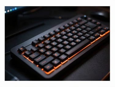 High-end close-up of developer workspace, dark editorial technology photography, deep charcoal tones with kinetic orange neon accents, sharp focus, 35mm