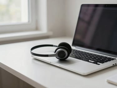 A clean home workspace with a modern laptop, a professional USB headset resting on the keyboard, soft natural light from a side window, authentic editorial photography style.
