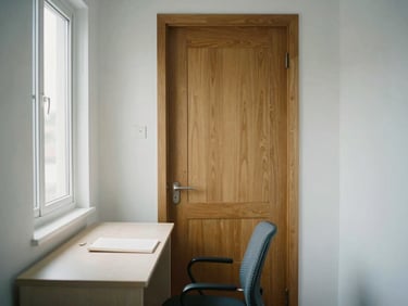 A quiet, minimalist home office corner with a closed wooden door, a clean desk, and soft natural light coming from a side window, authentic editorial photography