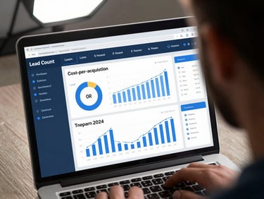 Close-up of a contractor-facing analytics dashboard on a laptop screen, showing lead count, cost-per-acquisition, and call volume metrics in bold blue UI elements, soft overhead studio lighting, desktop surface visible at edges