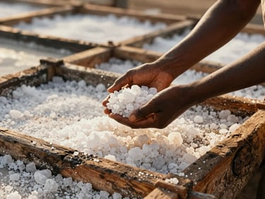 Close-up of traditional sea salt panning in Kusamba, hands holding coarse white salt crystals over rustic wooden vessels, warm golden hour light