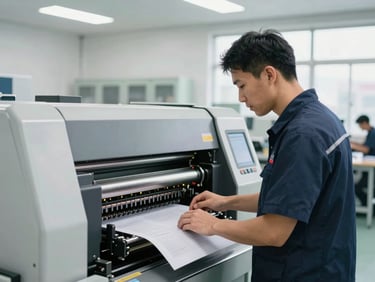 A skilled technician operating advanced printing and packaging machinery in a brightly lit, modern industrial training facility, sharp focus, realistic colors.