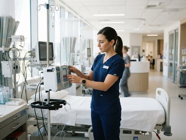 A professional nurse in clean blue scrubs adjusting equipment in a bright, modern hospital ward, natural daylight, 35mm lens