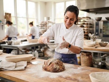 A professional baker in a white chef coat dusting flour over fresh artisanal bread in a bright culinary kitchen, 35mm lens