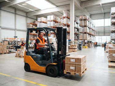 A logistics worker in a high-visibility vest operating a forklift in a spacious, bright, modern European warehouse, 35mm lens
